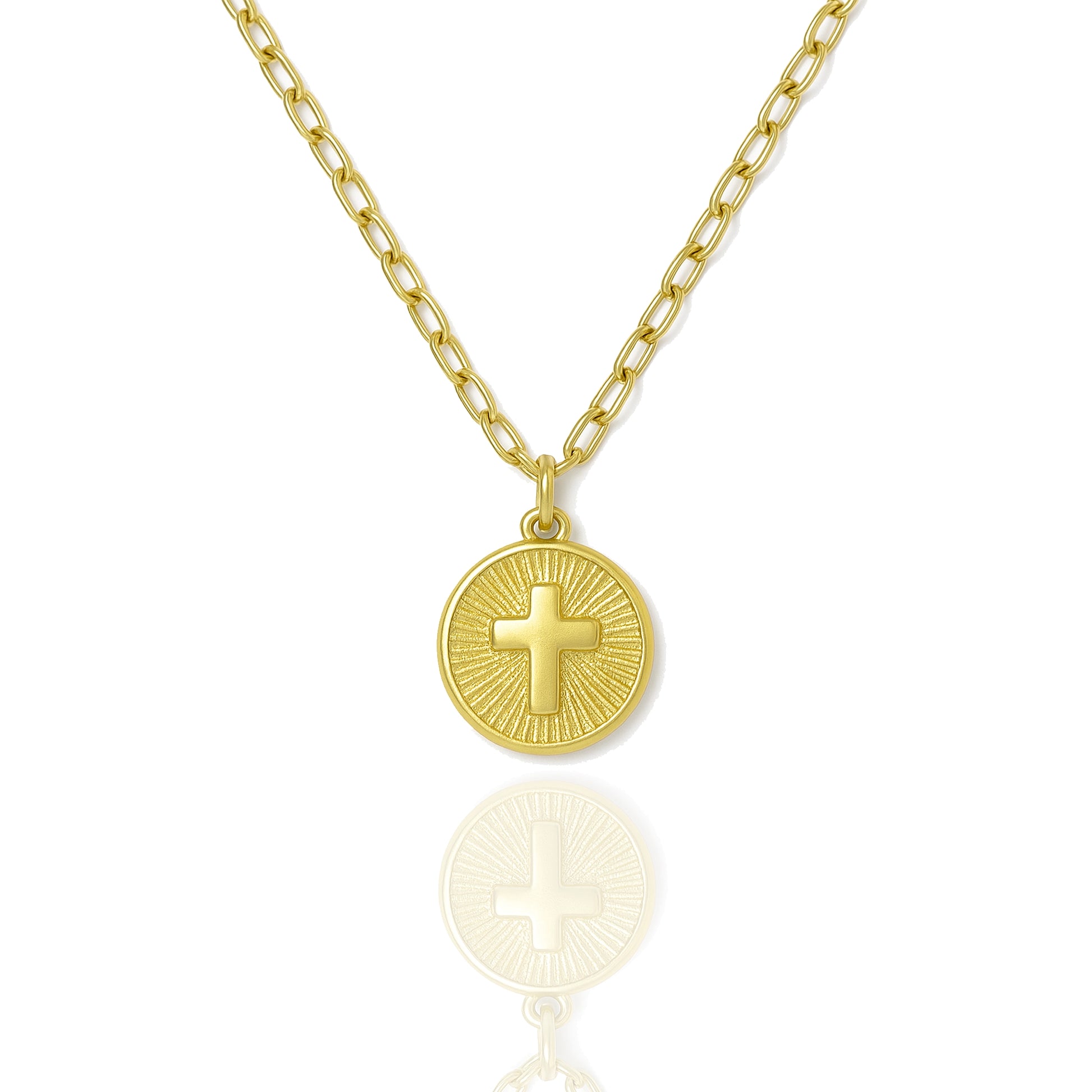 Close-up view of gold cross medallion necklace featuring a radiant sunburst pattern, hanging from a shiny 18k gold filled chain against a white background.