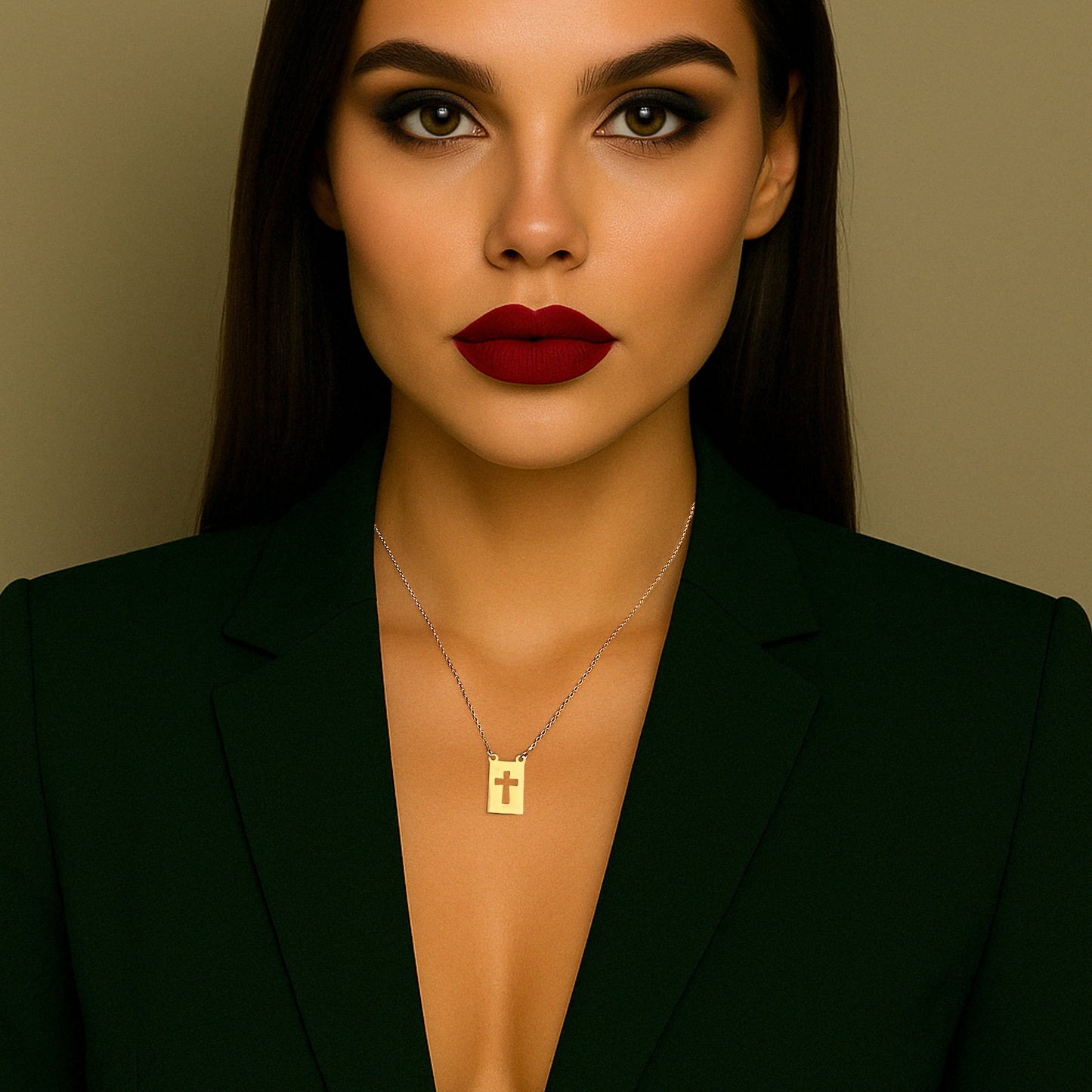 Rectangular Tag Necklace with Cut Out Cross in 18K Gold Filled