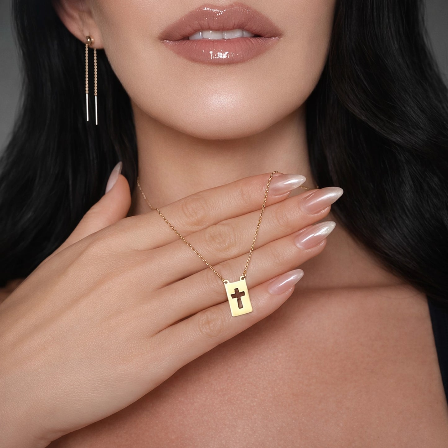Rectangular Tag Necklace with Cut Out Cross in 18K Gold Filled