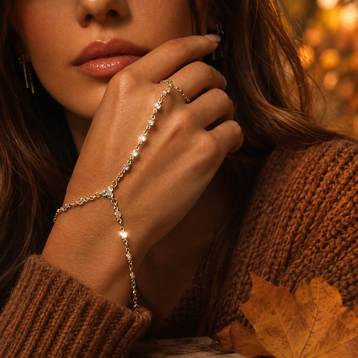 A close-up lifestyle shot of a woman wearing a delicate gold chain hand bracelet adorned with small clear stones, styled a brown knit sweater against a warm, blurred autumn background.