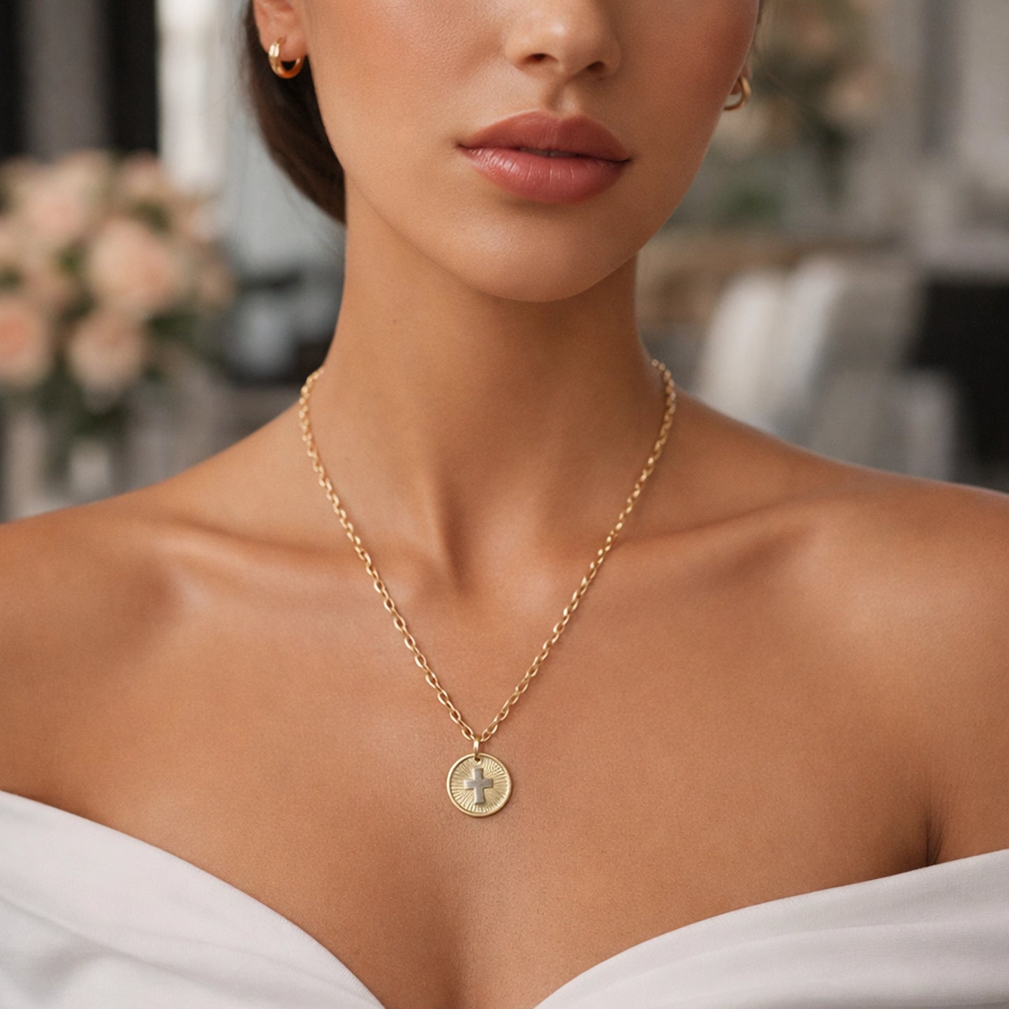 18K Gold Filled Cross Medallion Necklace with Sunburst Pendant