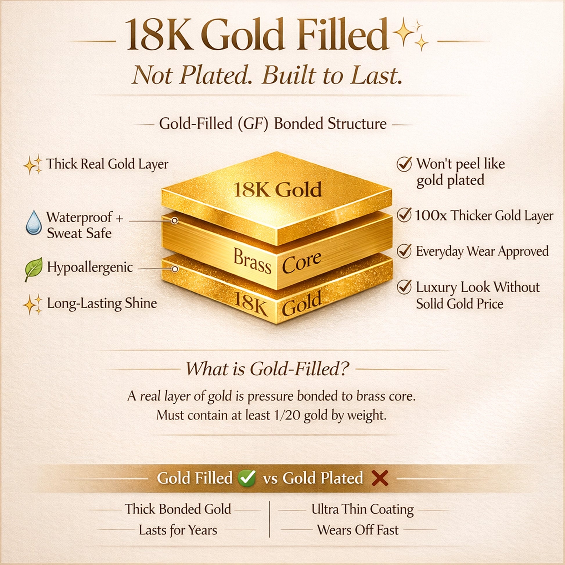 18K gold filled jewelry infographic showing bonded gold-filled structure with brass core and real gold layers, gold filled vs gold plated comparison, waterproof hypoallergenic long lasting jewelry, non tarnish luxury affordable gold jewelry explanation