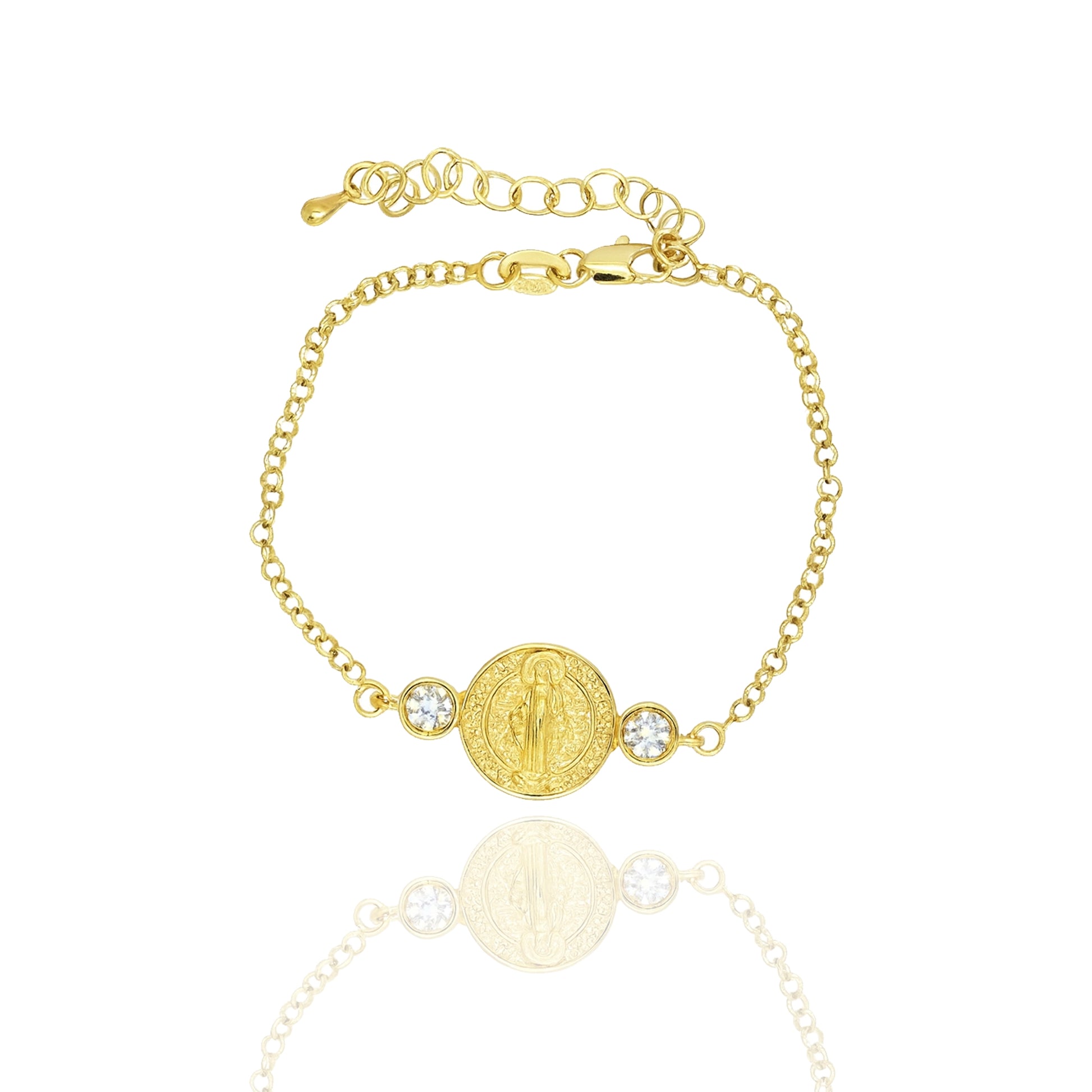 18K gold filled Saint Benedict medallion bracelet featuring a round religious charm centered between two sparkling cubic zirconia stones on a delicate adjustable chain, displayed on a white reflective background.