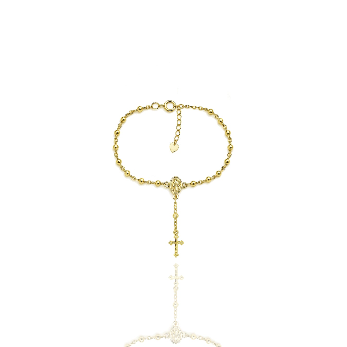 18k gold filled rosary bracelet with beaded chain, Virgin Mary center medal, and a delicate dangling cross charm, displayed on a white background with reflective shadow.