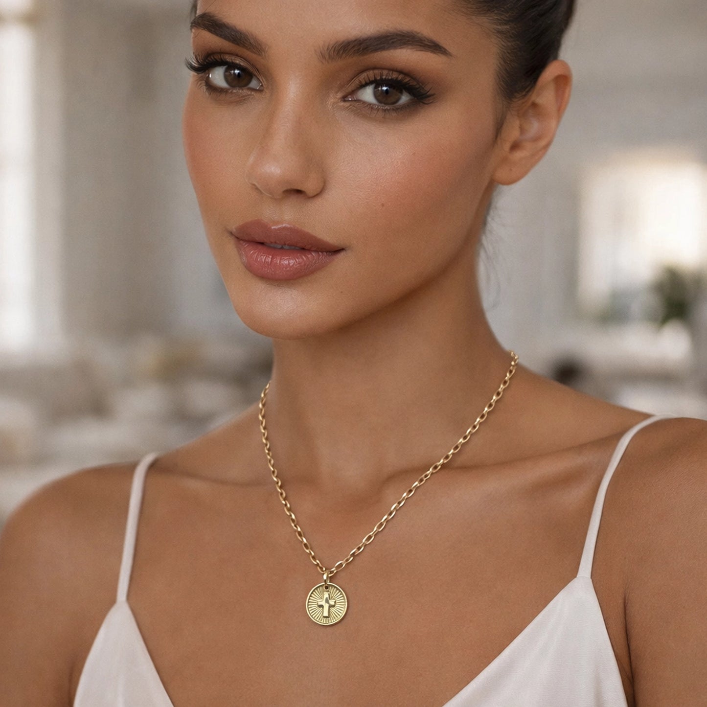 18K Gold Filled Cross Medallion Necklace with Sunburst Pendant
