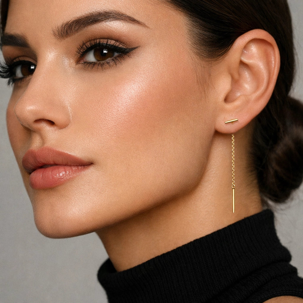 Pendientes de cadena de oro con barra en T