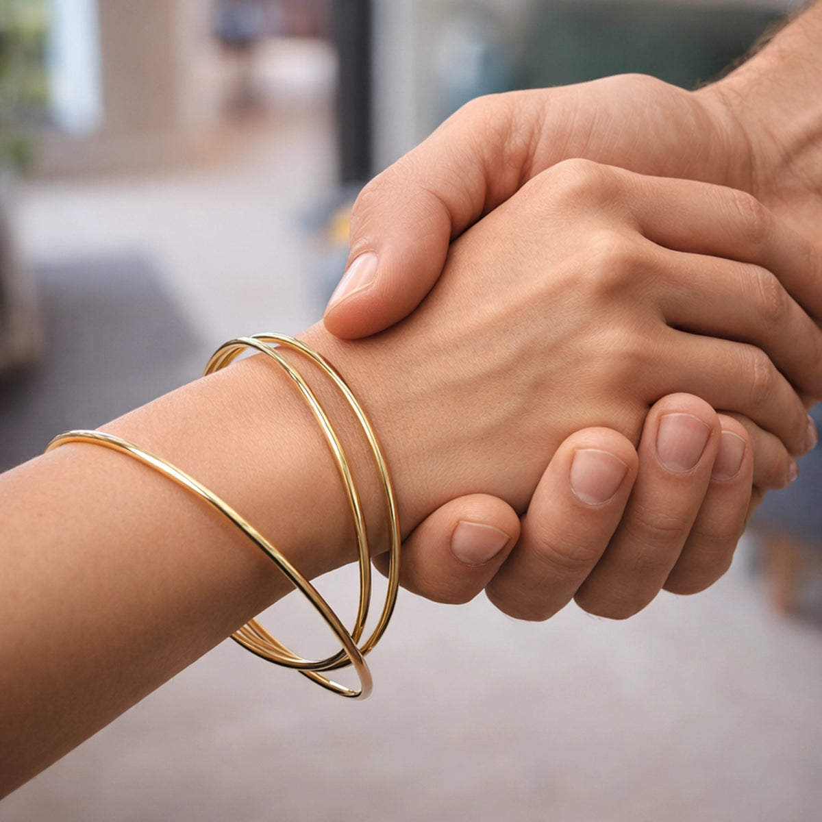 18K gold filled triple bangle bracelet set on wrist, minimalist stacked gold bangles, elegant thin hoop bracelets, modern everyday jewelry, lightweight luxury bracelet stack for women