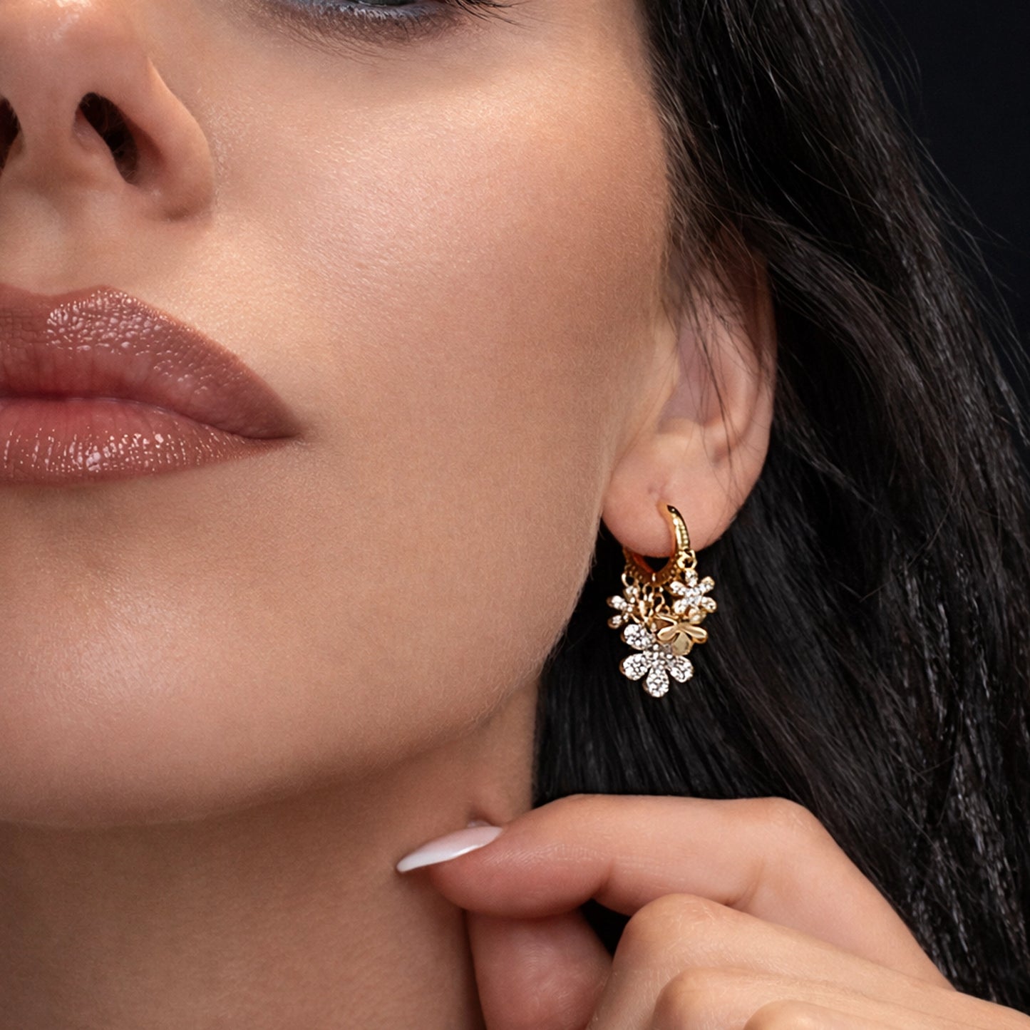 Huggie Hoops with Dangling Pave Flowers