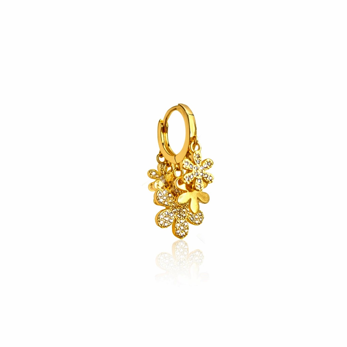 Gold hoop earring with floral charms on a white background