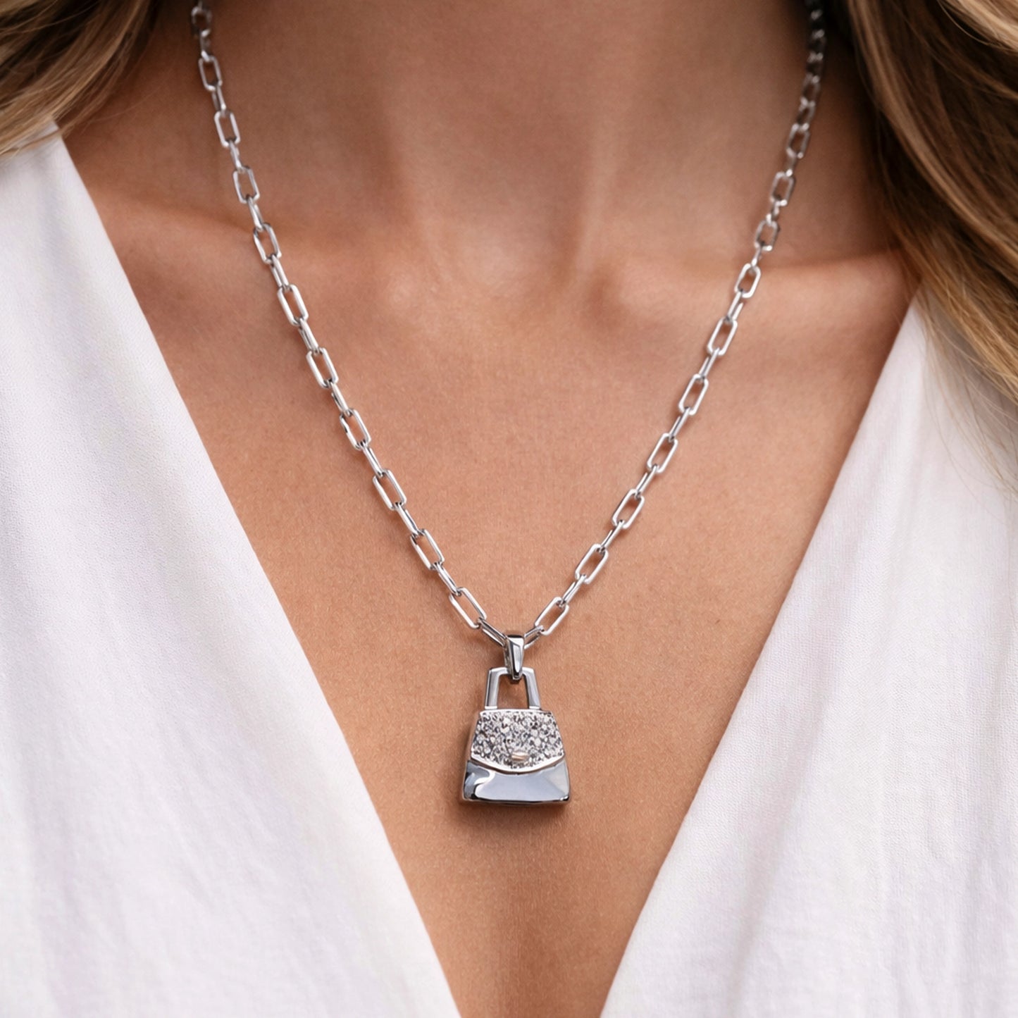 Chunky Paperclip Chain Necklace with CZ Women Purse Pendant