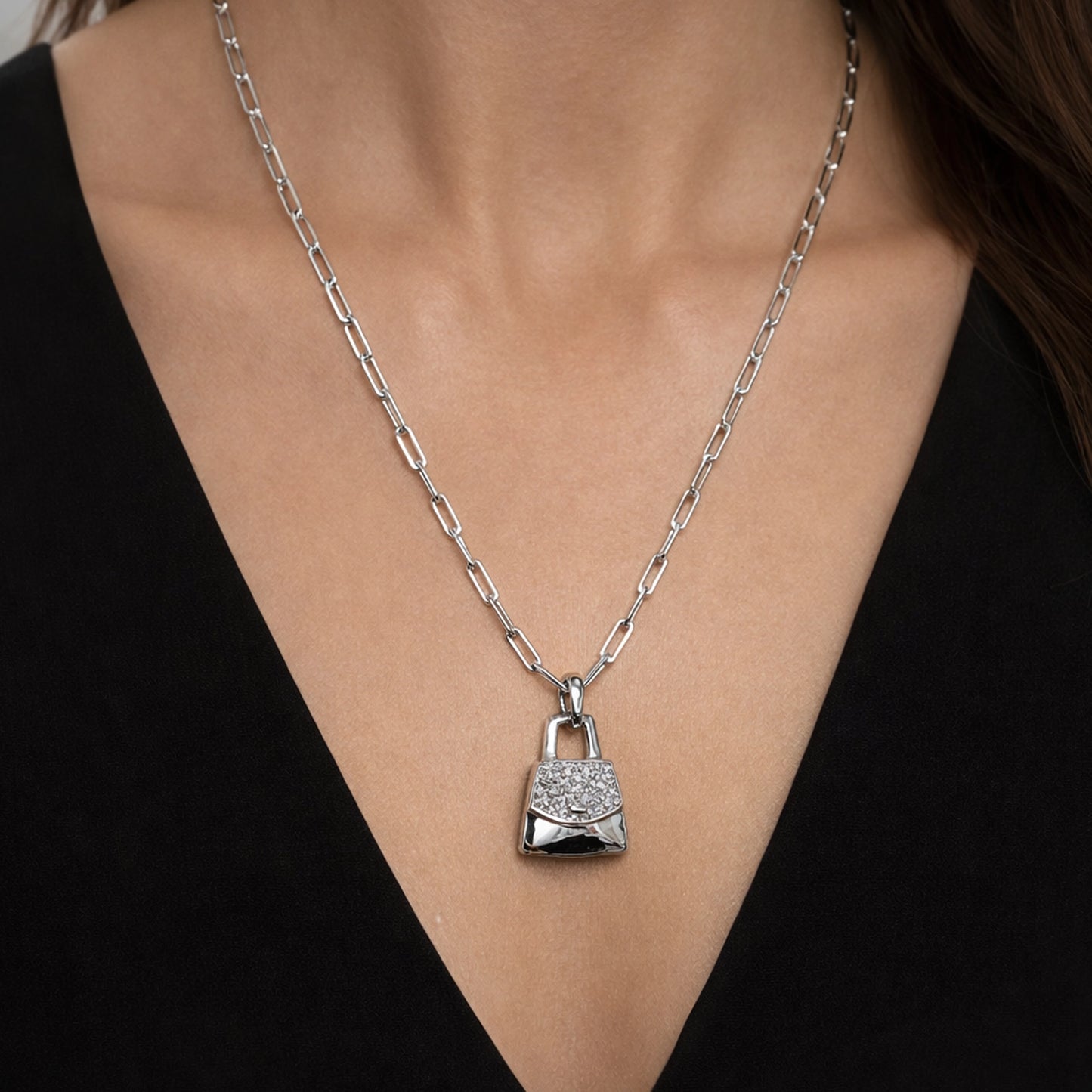 Chunky Paperclip Chain Necklace with CZ Women Purse Pendant