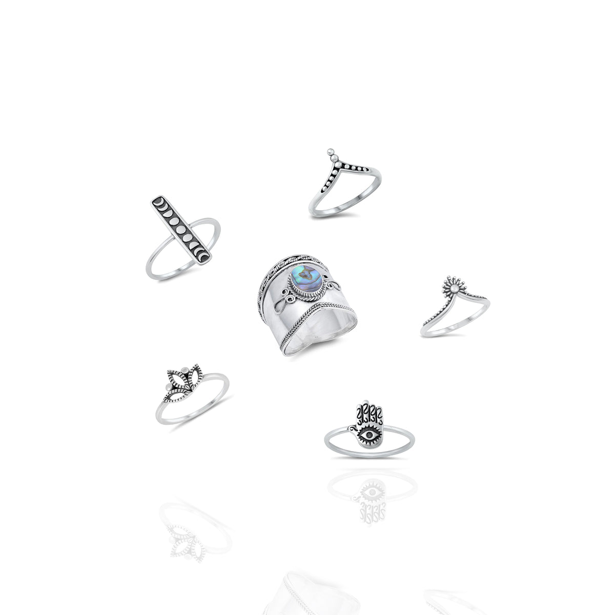Boho stackable sterling silver ring set with abalone Bali ring, moon phase ring, Hamsa ring and lotus stacking rings