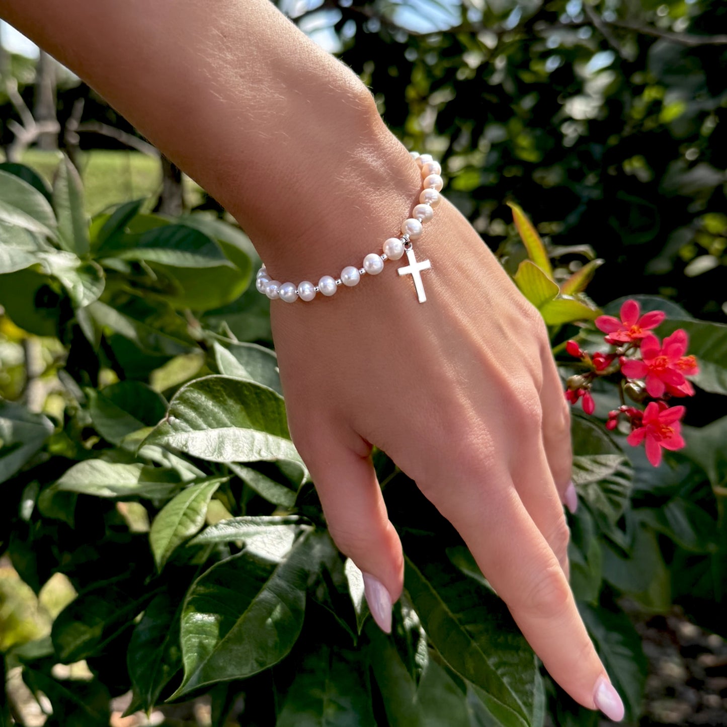 Freshwater Pearl Cross Charm Bracelet