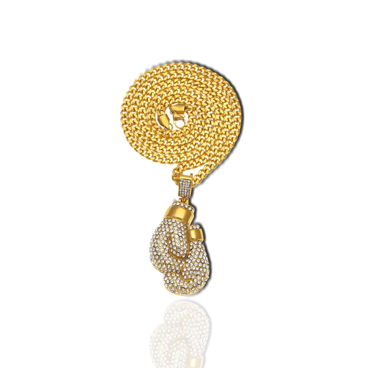 Iced out boxing gloves pendant necklace with 18K gold stainless steel Cuban chain coiled neatly on a white background