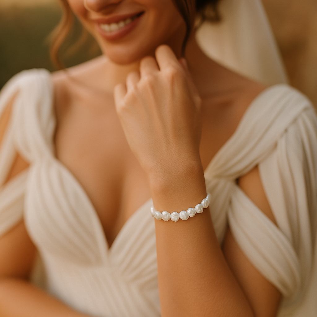Close-up of a bride’s wrist wearing an elastic baroque freshwater pearl bracelet (5–6 mm, vertically oval, some flat, slightly edgy), centered; Grecian gown and glossy lips softly blurred.