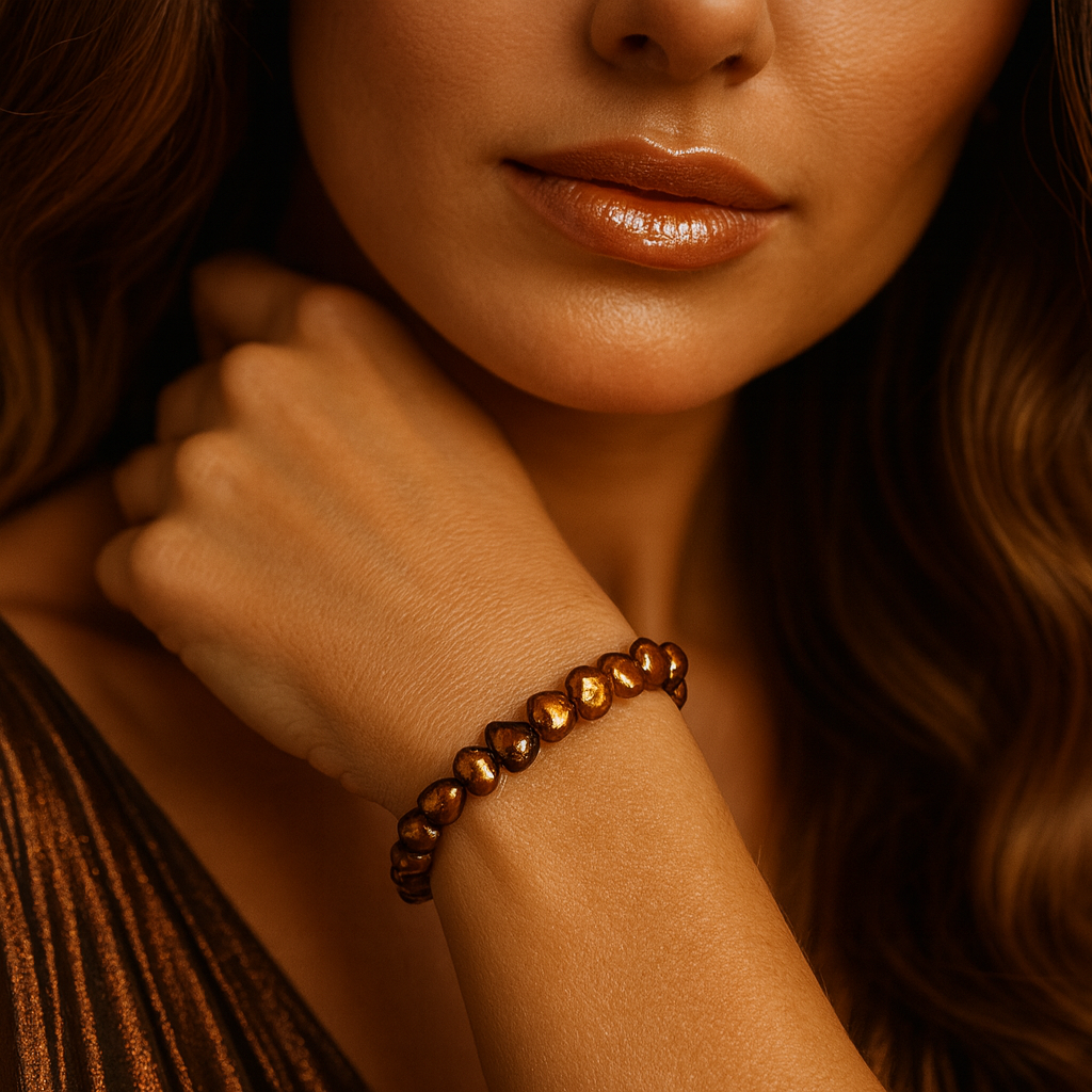 Bronze baroque freshwater pearl bracelet on model’s wrist—elastic, irregular vertical-oval/flat pearls with metallic luster—centered; luxe outfit, smoky eyes softly blurred.