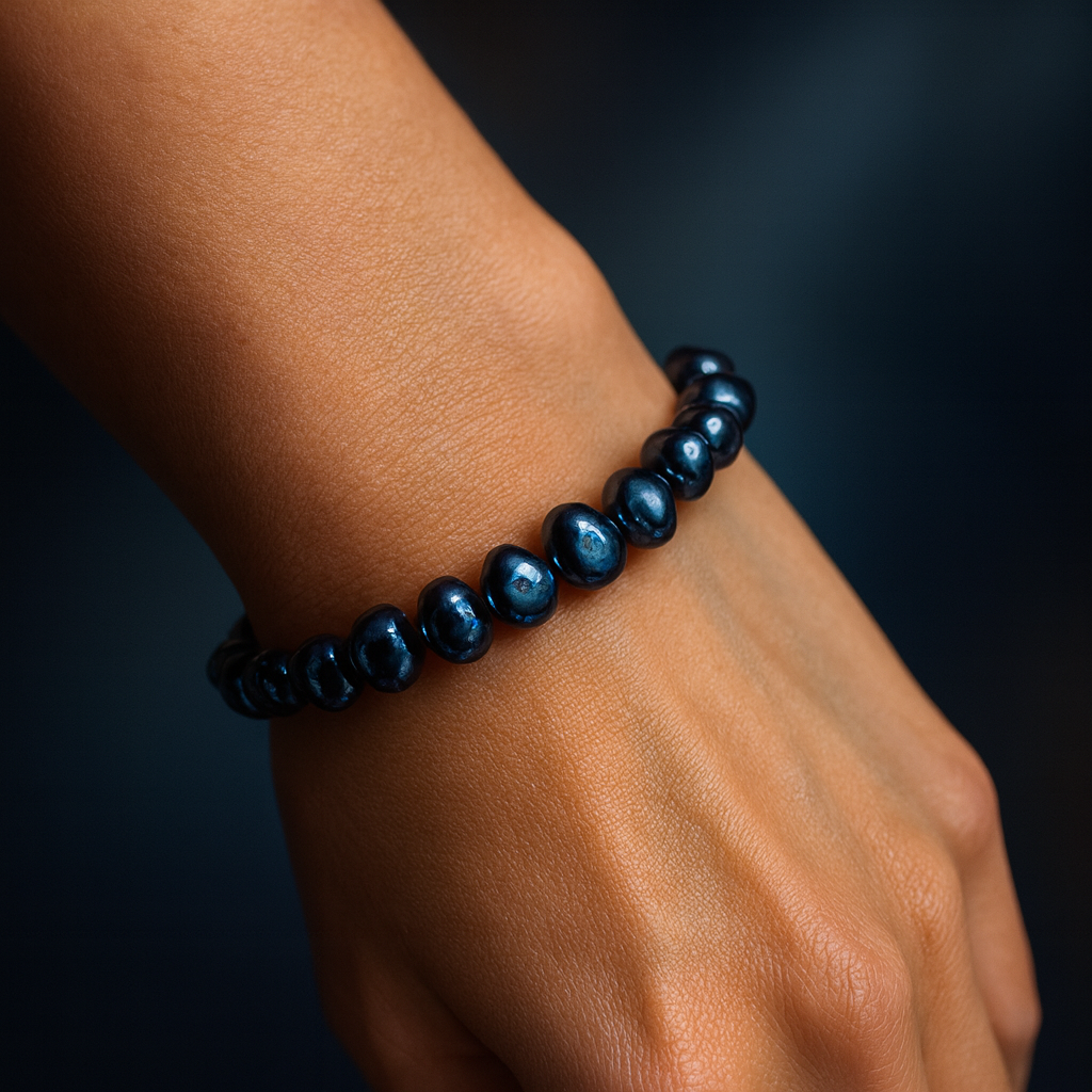 Close-up of a wrist wearing an elastic dark blue baroque freshwater pearl bracelet - irregular oval/flat pearls with deep iridescent shine - on a softly lit dark background.