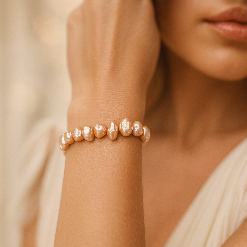 Champagne baroque freshwater pearl bracelet on model’s wrist - elastic, small irregular vertical-oval/flat pearls - centered, warm soft light.