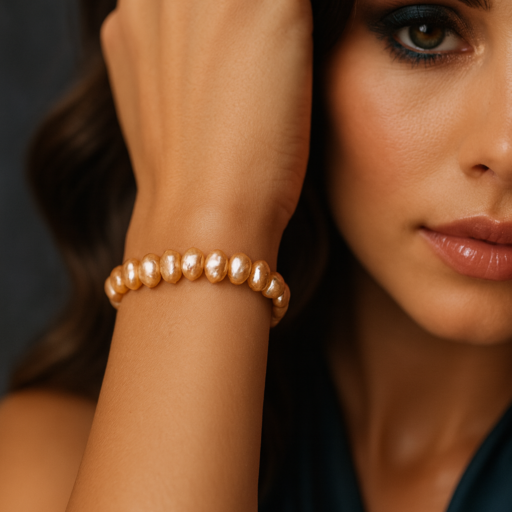 Champagne baroque freshwater pearl bracelet on model’s wrist - small irregular vertical-oval/flat pearls - centered; one smoky-eye visible, warm soft light.
