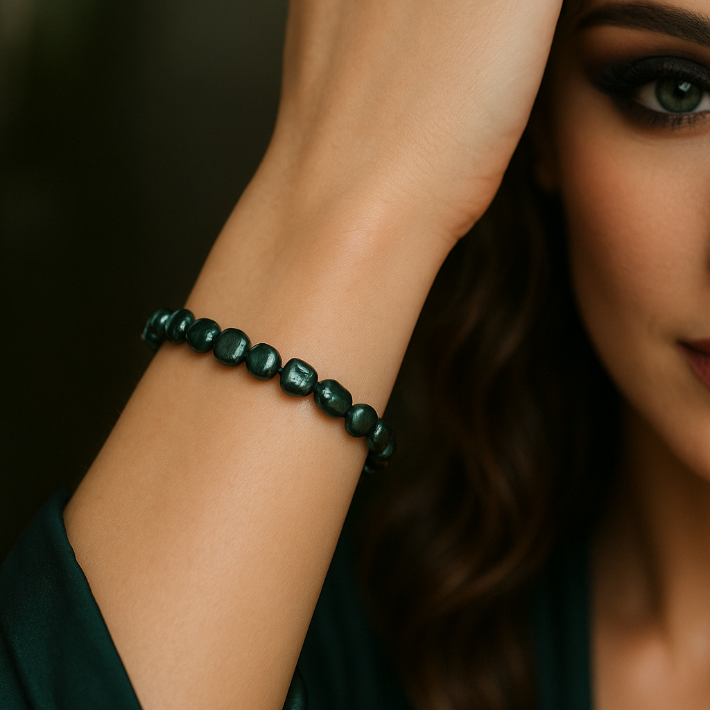 Close-up of a model’s wrist wearing an elastic dark-green baroque freshwater pearl bracelet - small elongated “potato” pearls, some flat, irregular - centered; one smoky eye softly visible.