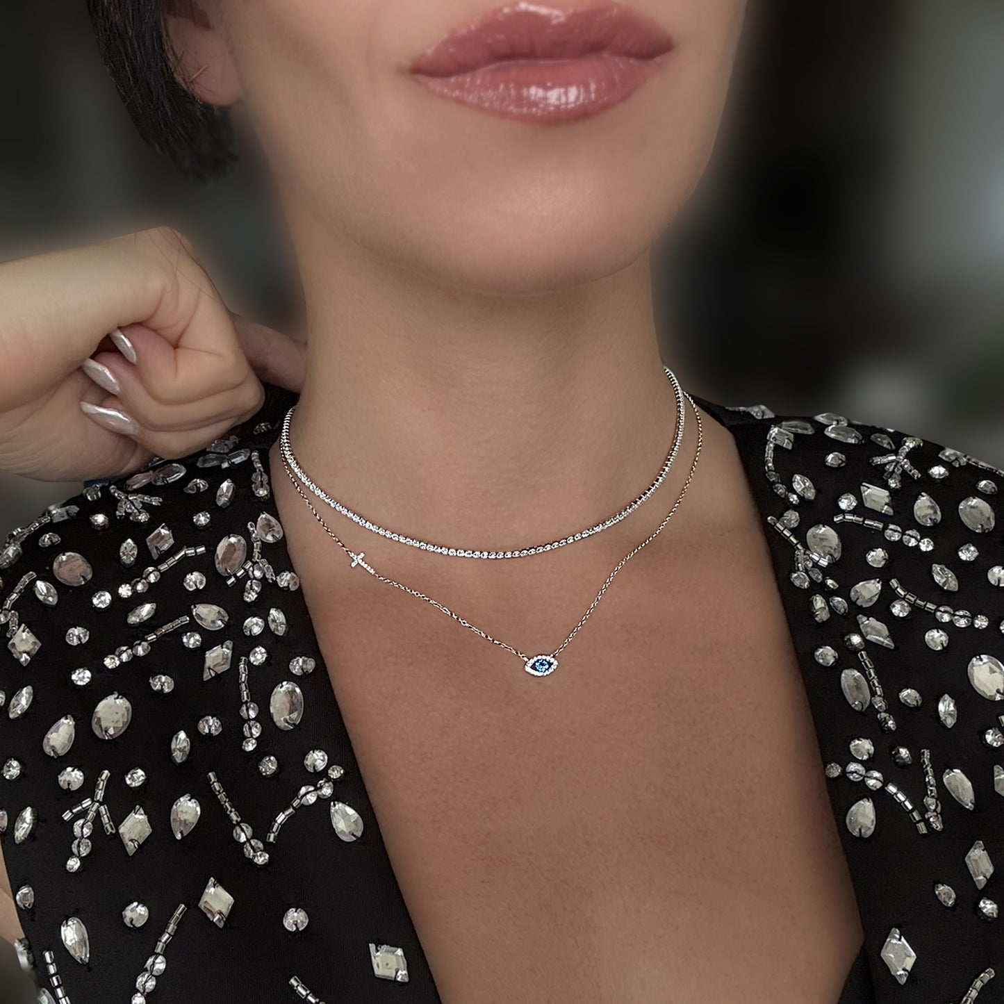 Evil Eye and Sideways Cross Necklace in Sterling Silver
