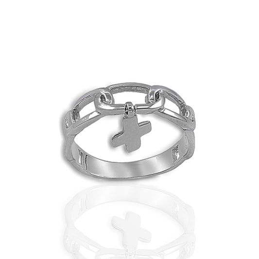 Link Chain Band Ring with Dangle Cross Charm