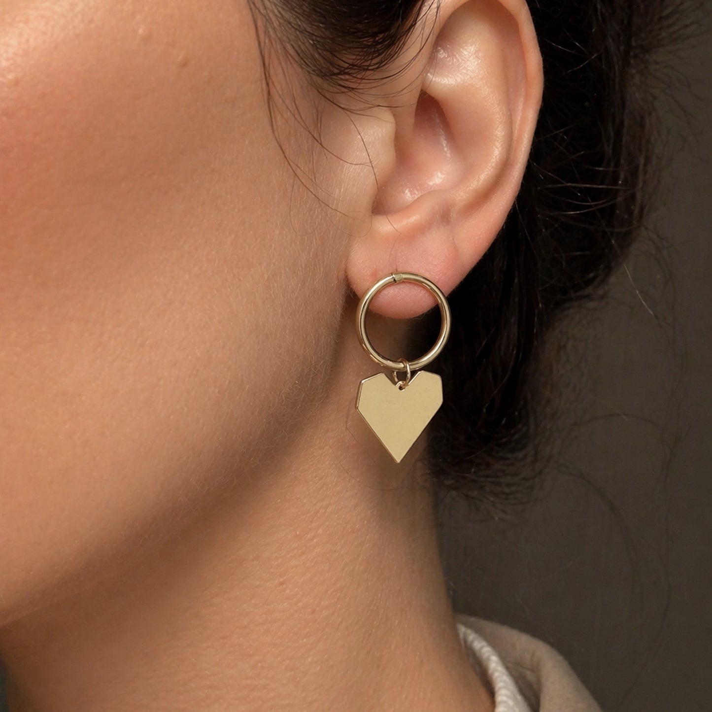 Gold Heart Drop Stud Earrings with Paperclip Chain and Round Circle Mismatched Design