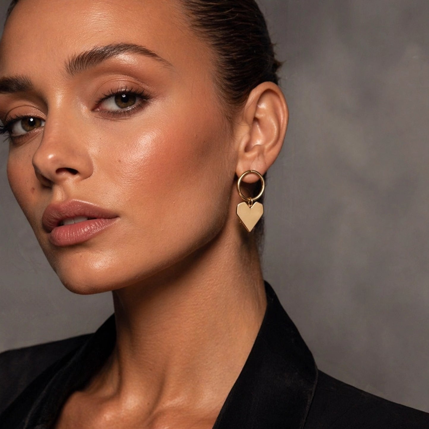 Gold Heart Drop Stud Earrings with Paperclip Chain and Round Circle Mismatched Design