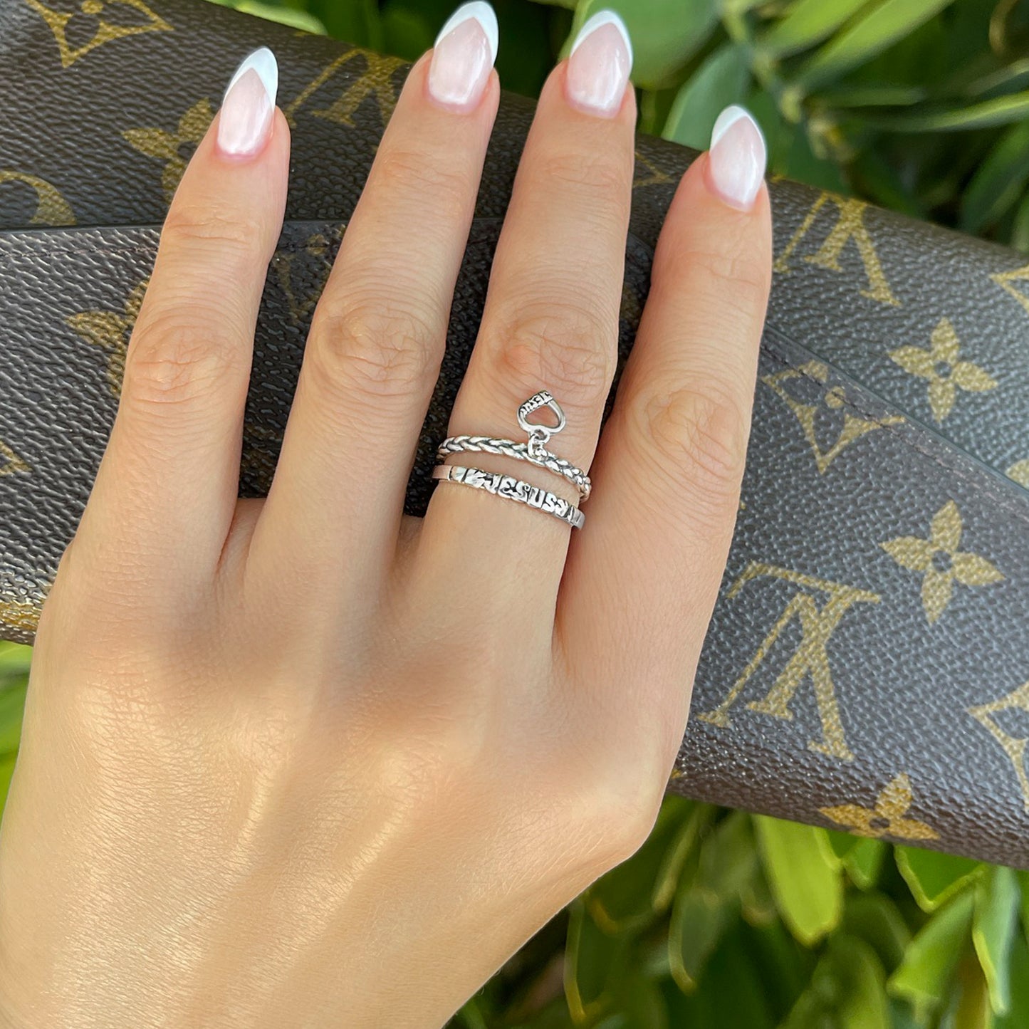 Christian Ring Set of Sacred Heart of Jesus Dangle Charm Ring and In the Name of Jesus Catholic Band Ring