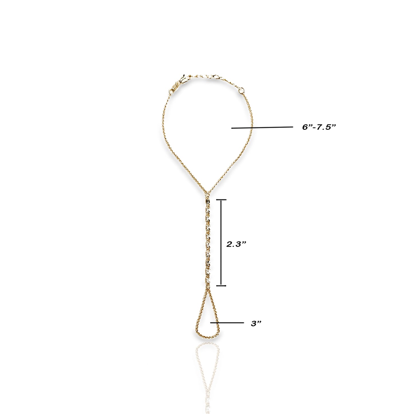 Gold filled hand chain with measurements on a white background