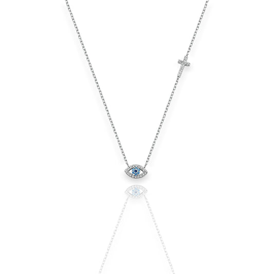 Evil Eye and Sideways Cross Necklace in Sterling Silver