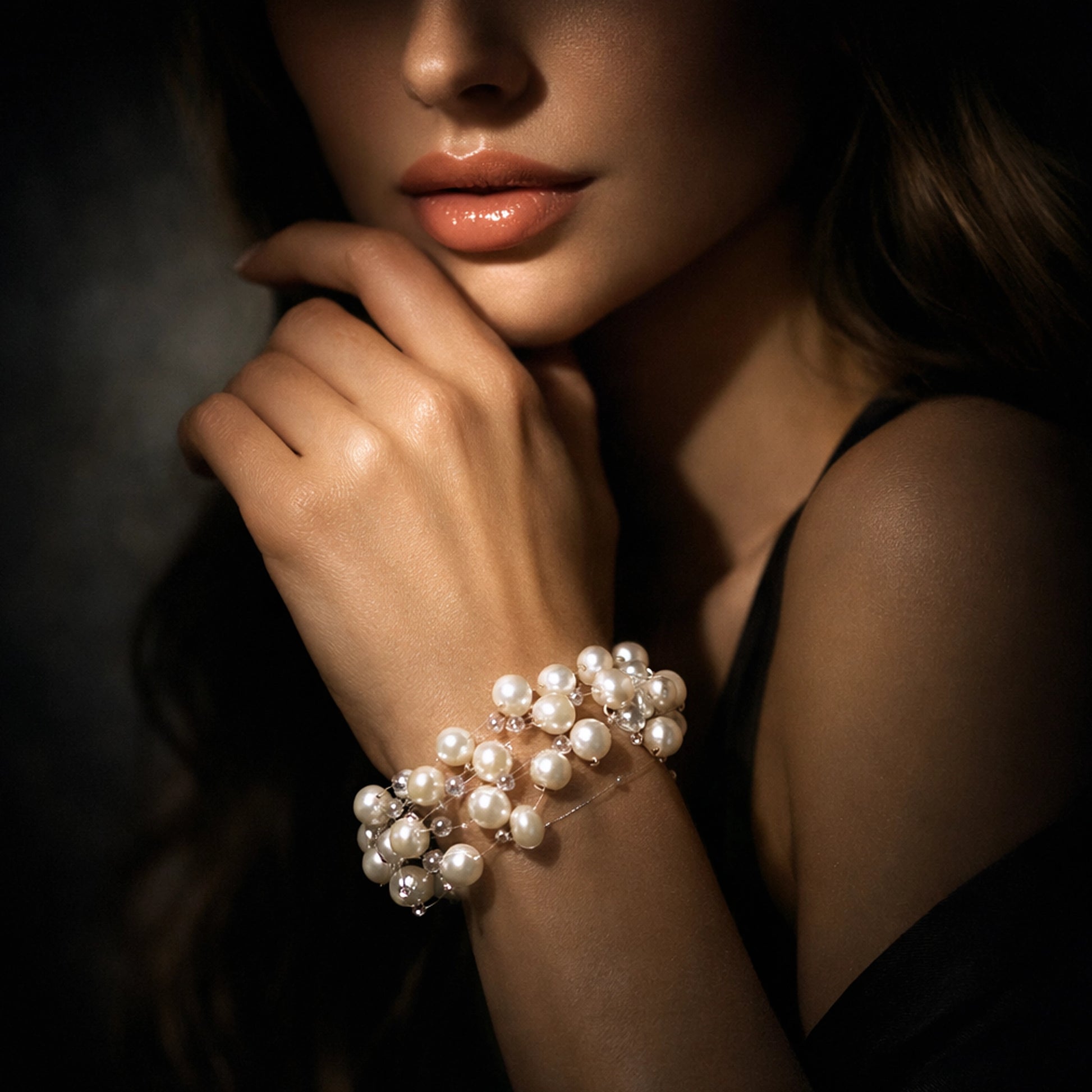 Freshwater pearl cluster bracelet on model hand near lips in dramatic studio lighting, elegant bridal pearl bracelet with glowing white pearls, handmade statement jewelry close-up