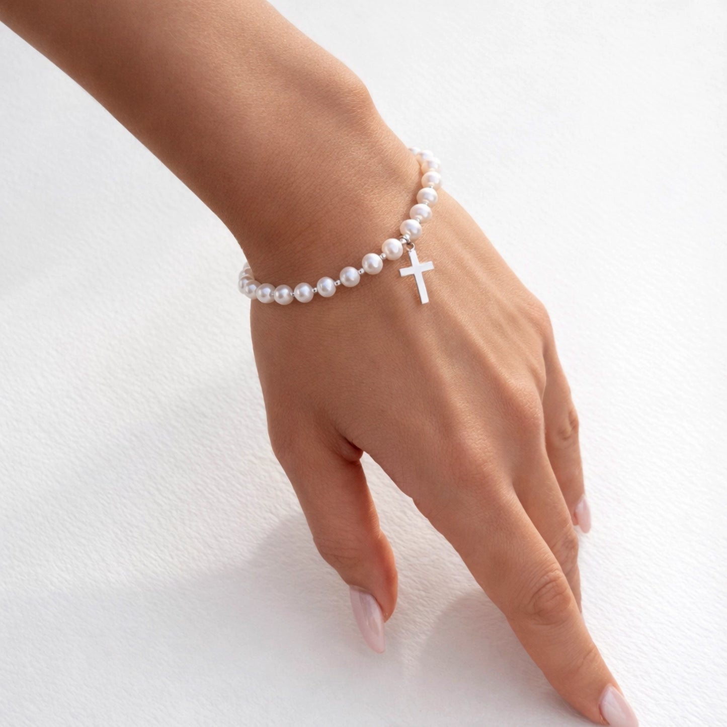 Freshwater Pearl Cross Bracelet in Sterling Silver