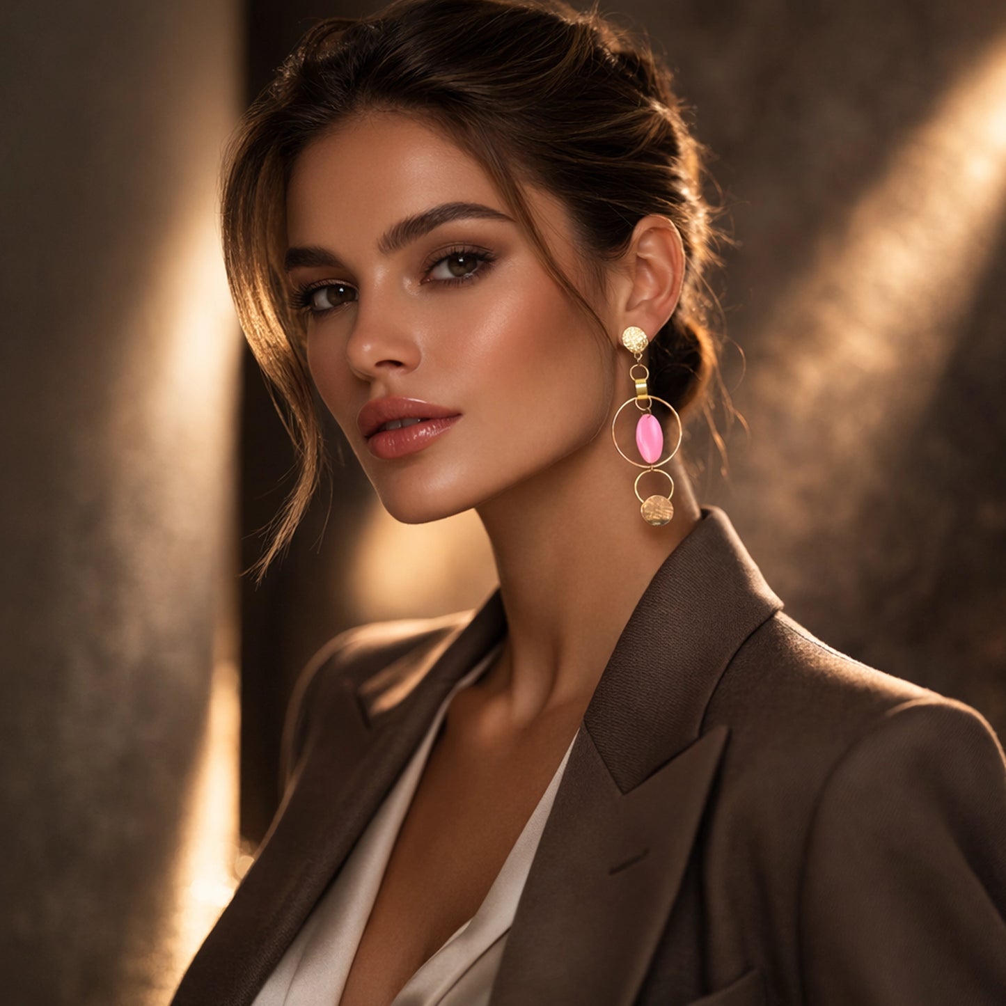 Mismatched Gold Earrings with Pink Drop