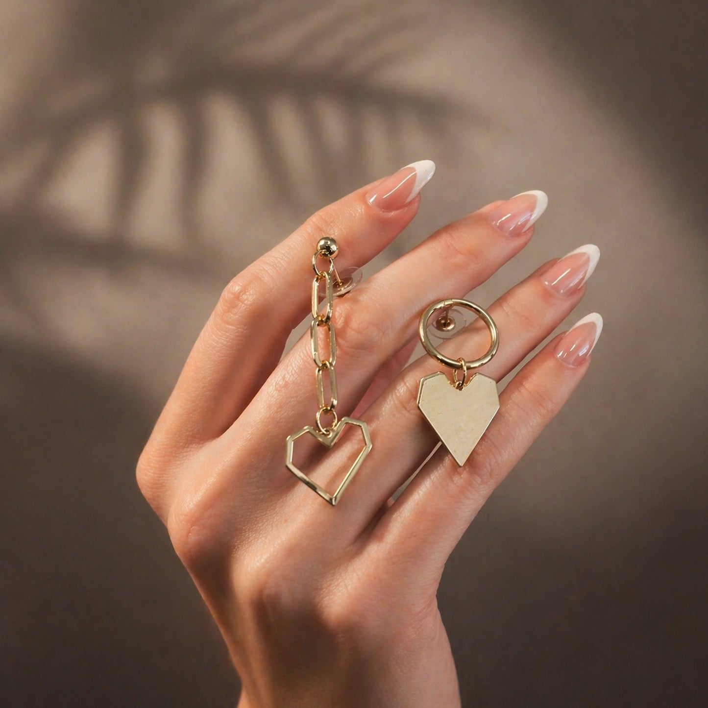 Gold Heart Drop Stud Earrings with Paperclip Chain and Round Circle Mismatched Design