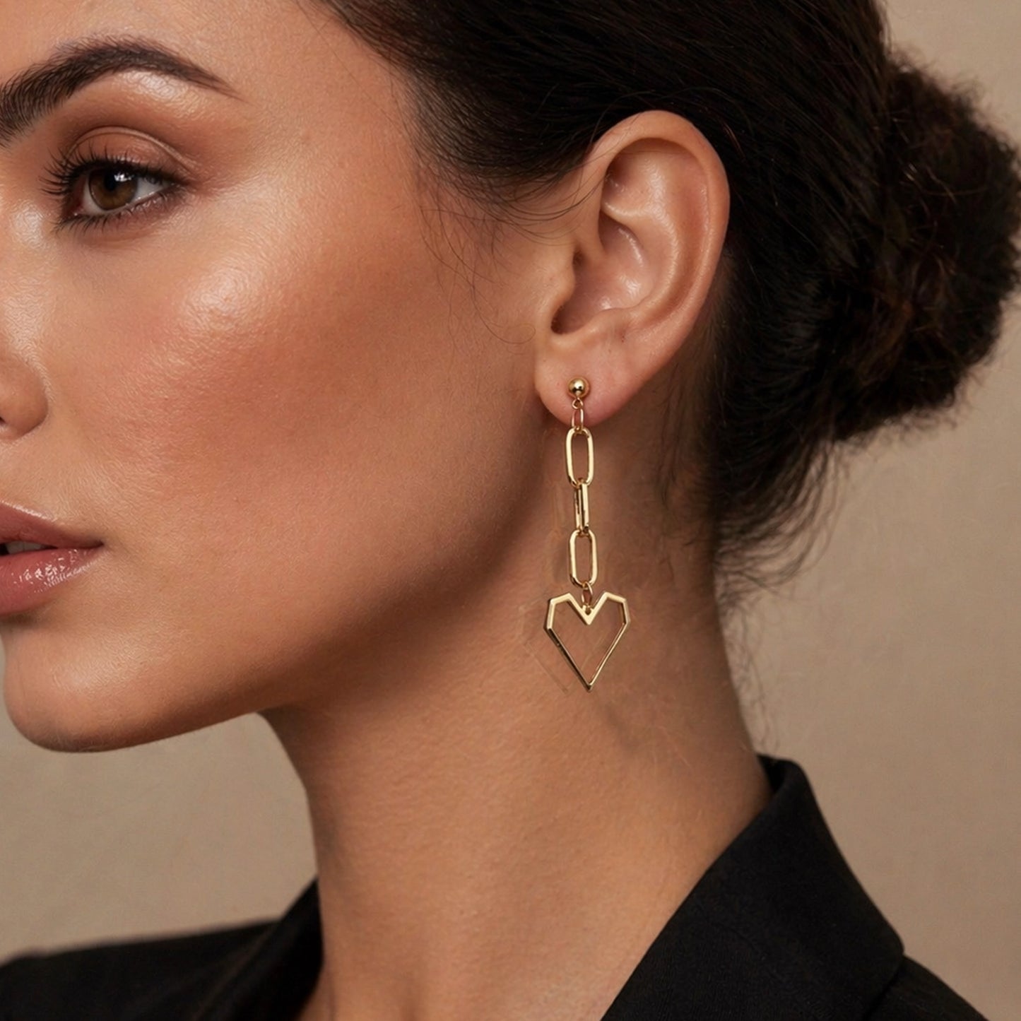 Gold Heart Drop Stud Earrings with Paperclip Chain and Round Circle Mismatched Design