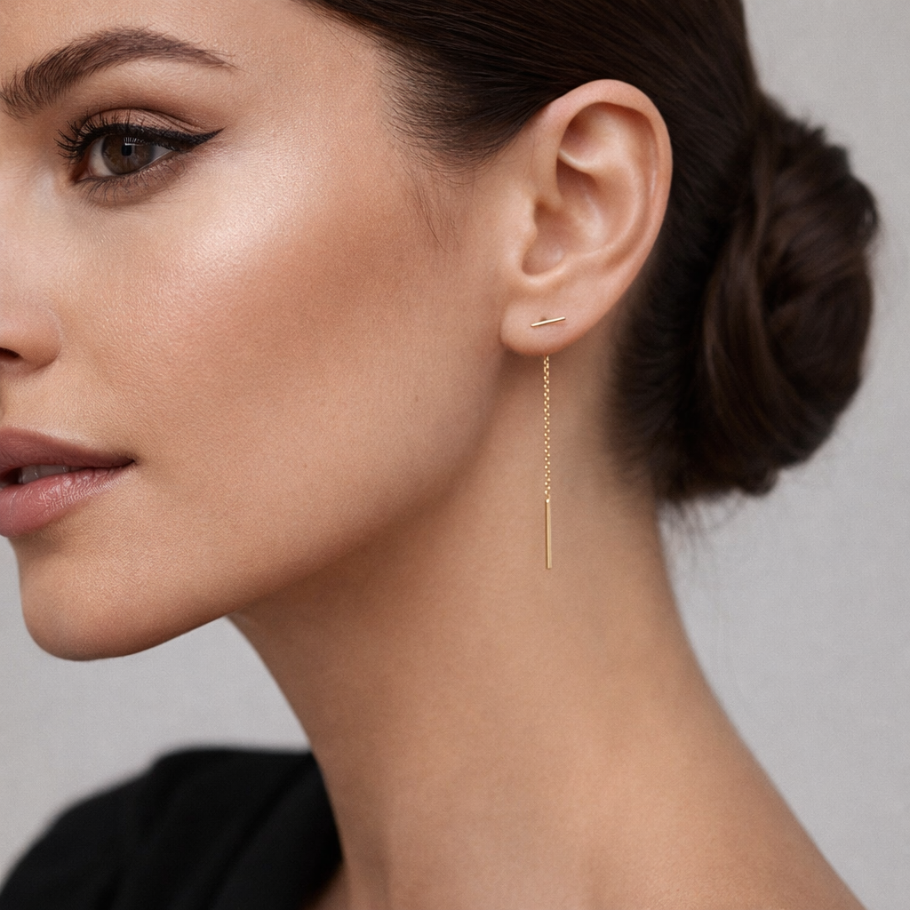 Pendientes de cadena de oro con barra en T