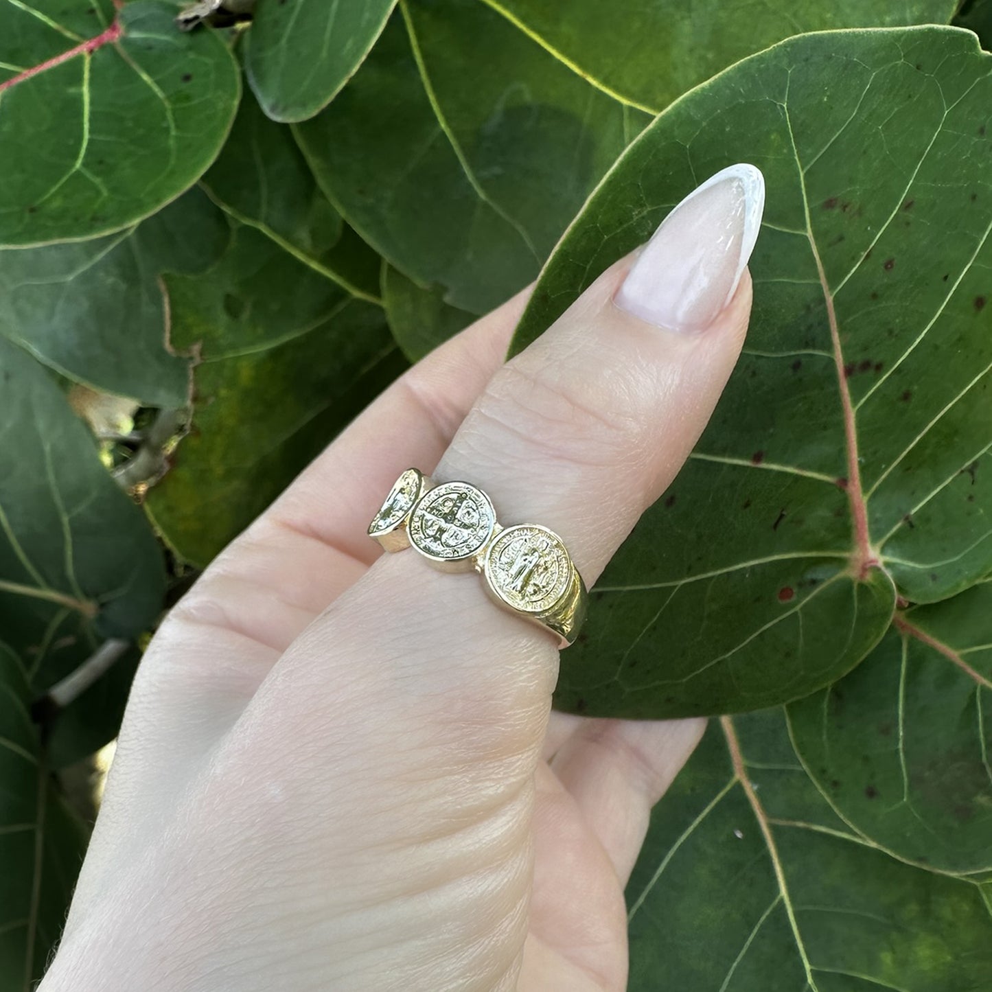 Iconic Saint Benedict Cross Ring with Triple Medallion Design