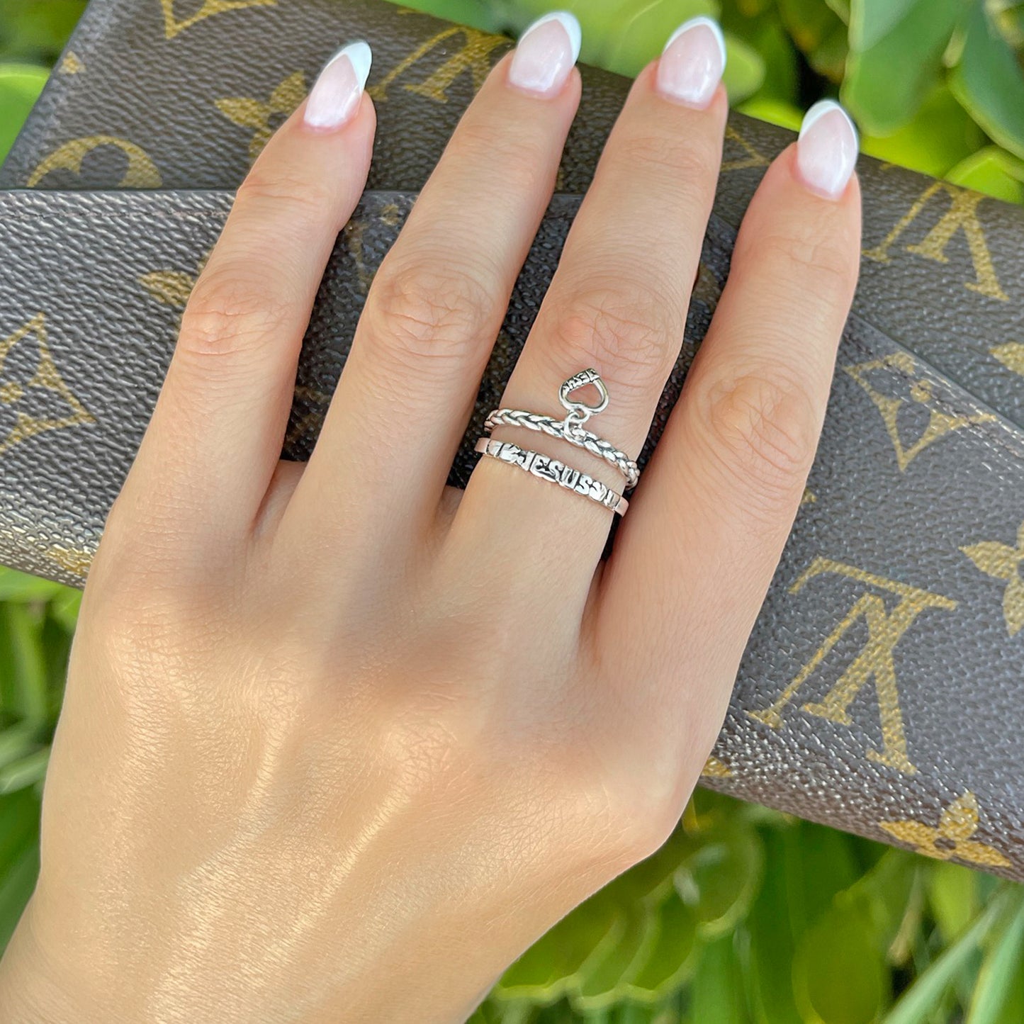 Christian Ring Set of Sacred Heart of Jesus Dangle Charm Ring and In the Name of Jesus Catholic Band Ring