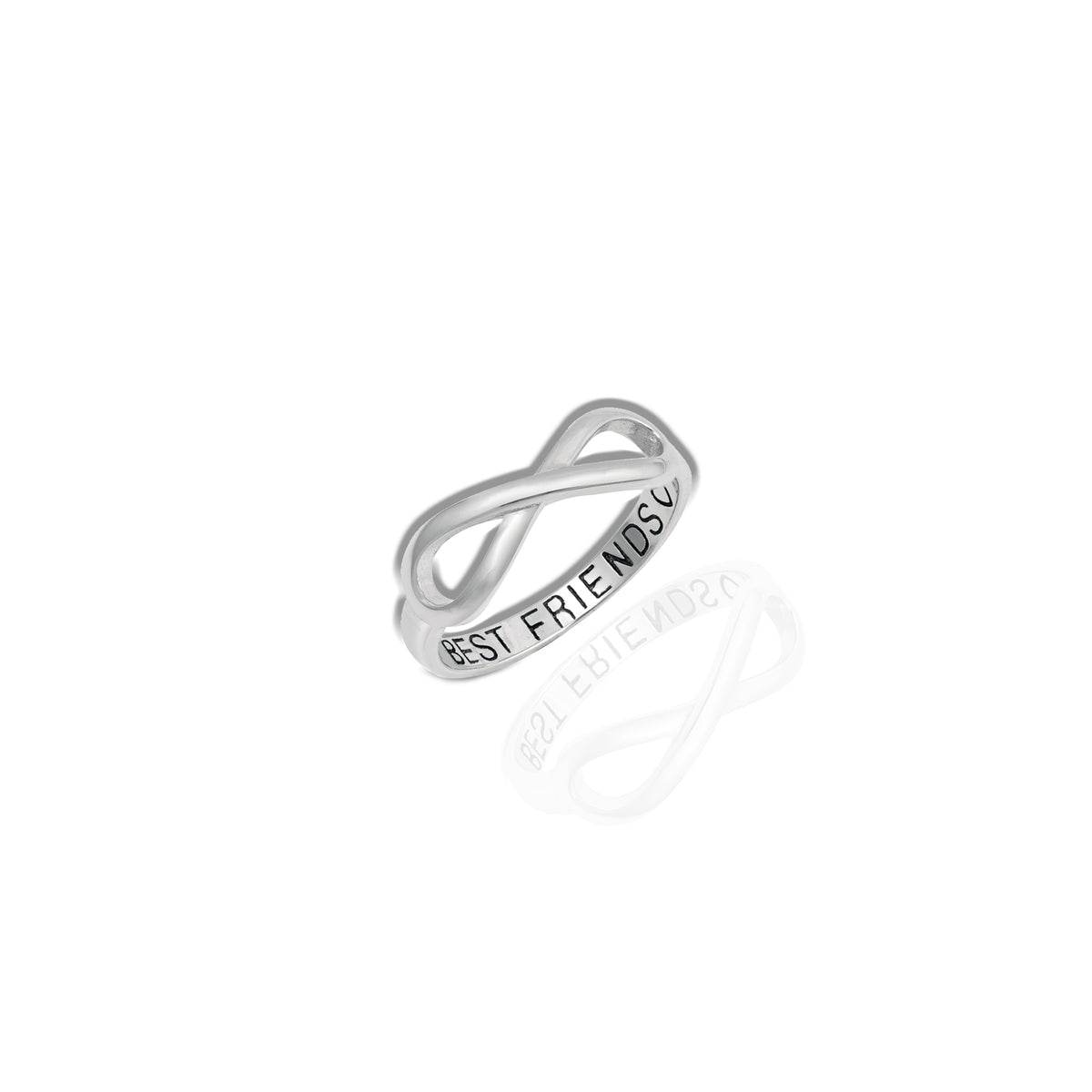 Sterling silver best friend infinity ring with minimalist symbolic infinity band design and rhodium plated finish for matching friendship jewelry.