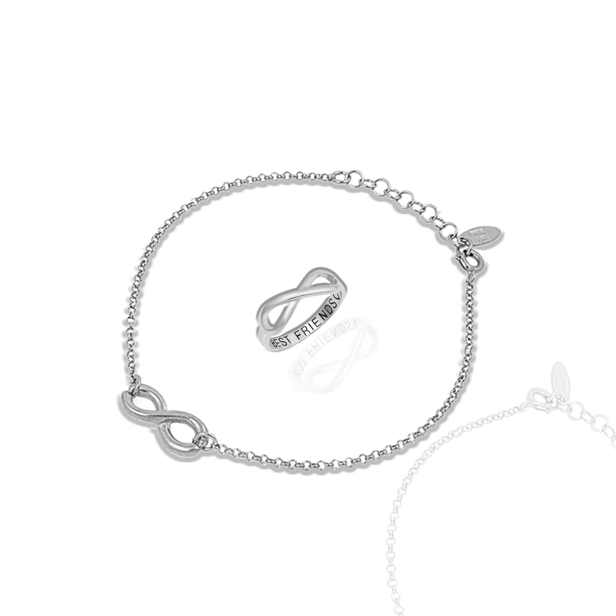 A jewelry set including a silver bracelet with an infinity symbol charm and a matching stacking ring