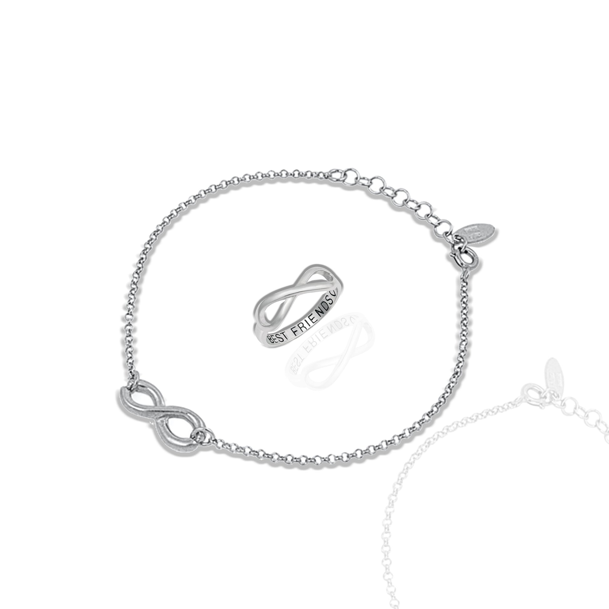A jewelry set including a silver bracelet with an infinity symbol charm and a matching stacking ring