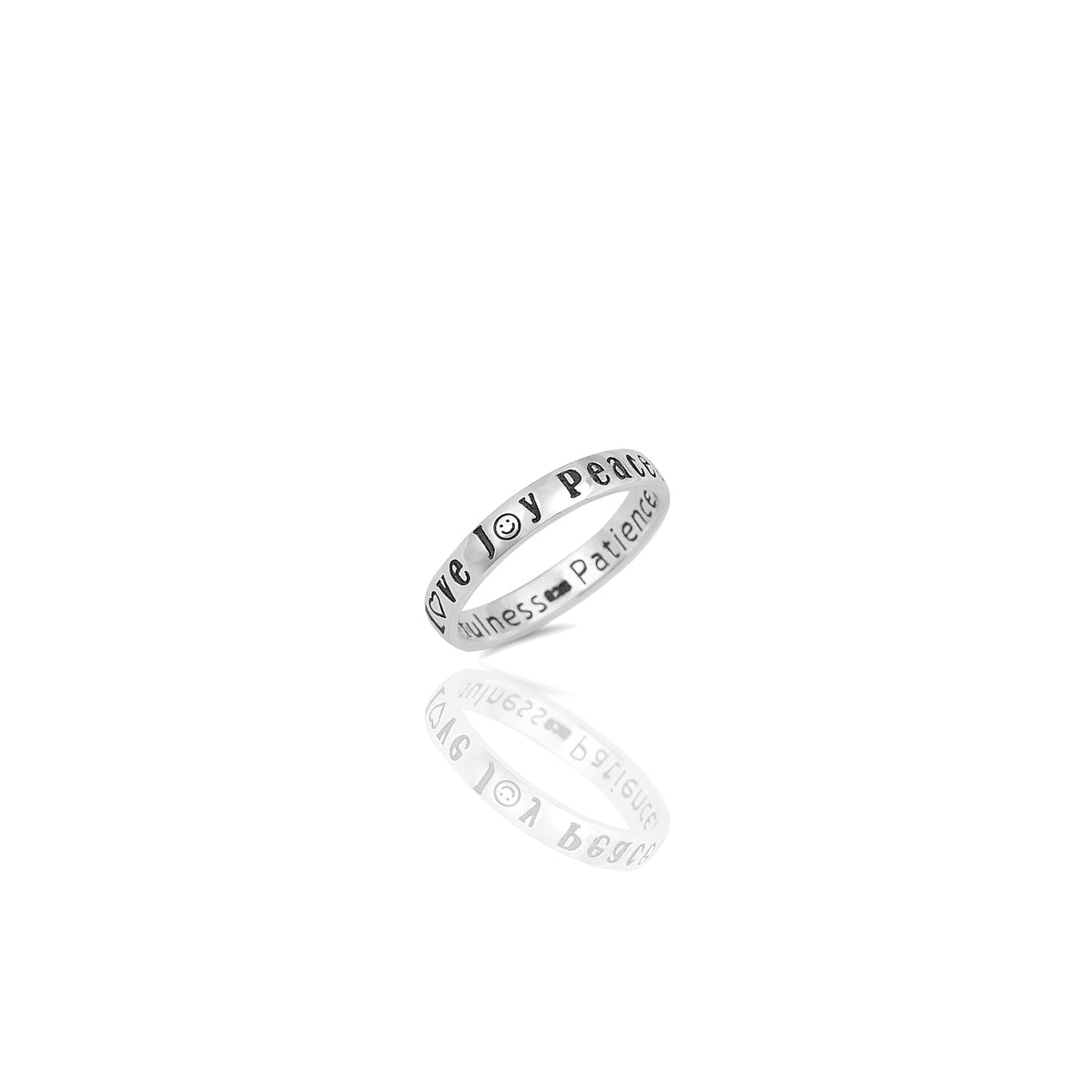 Engraved message ring in 925 sterling silver with Peace Love Joy engraving and inspirational words engraved inside the slim polished band.