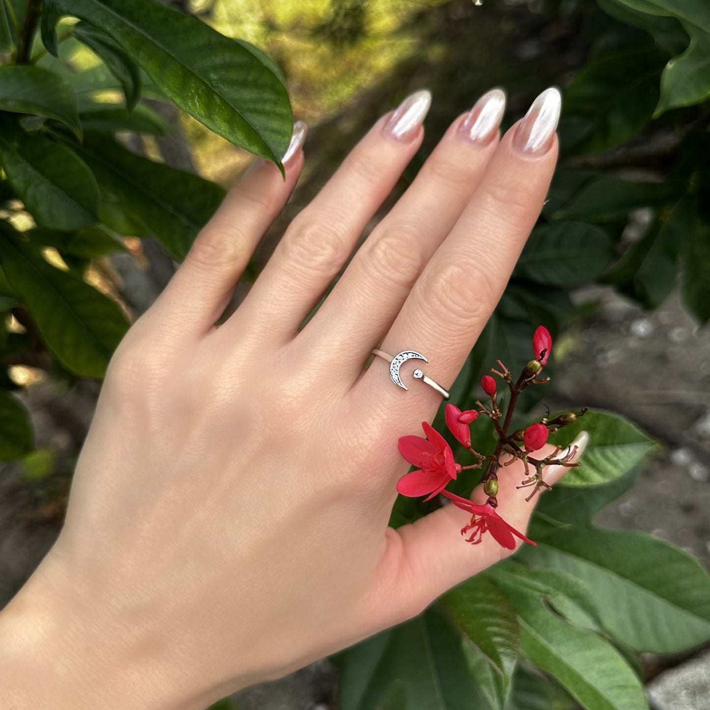 Crescent Moon and Star Open Ring in Premium Sterling Silver