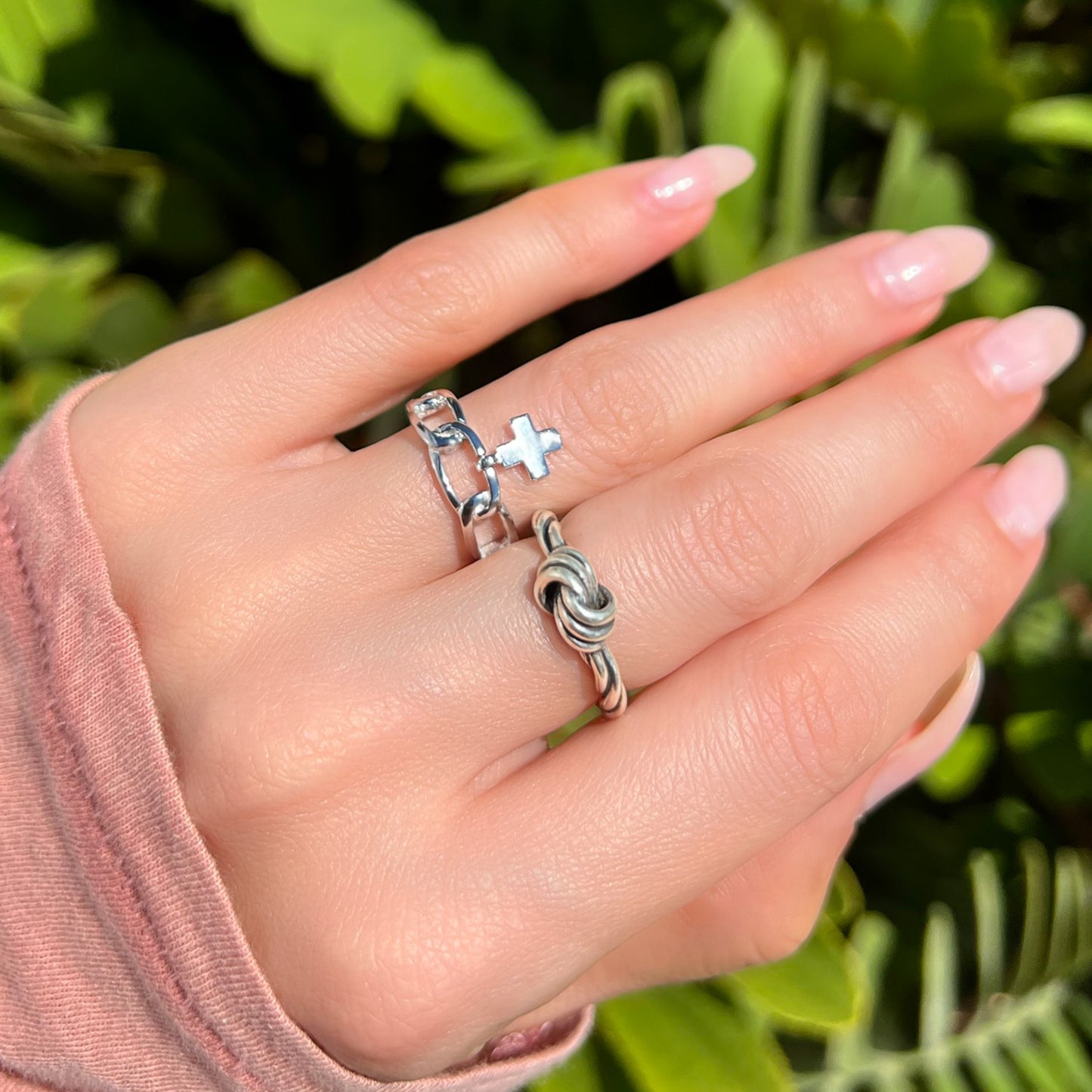Link Chain Band Ring with Dangle Cross Charm