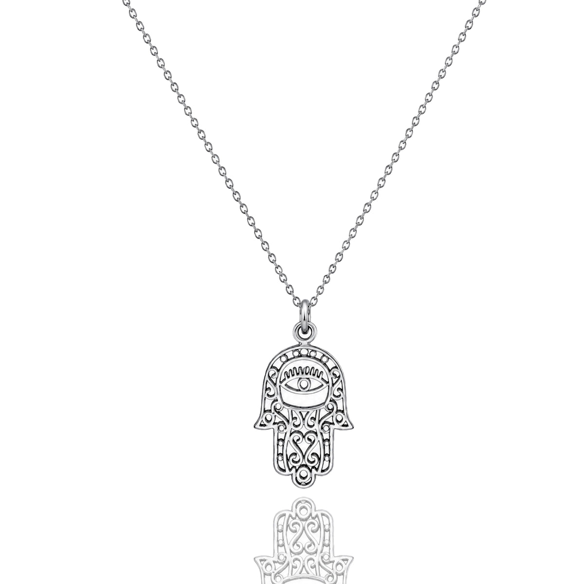 Silver Hamsa hand pendant necklace on a white background