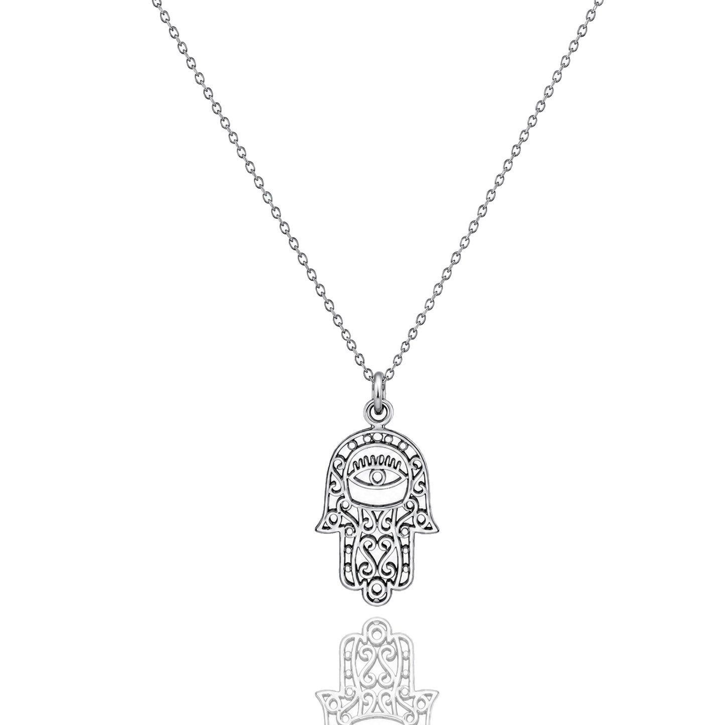 Silver Hamsa hand pendant necklace on a white background