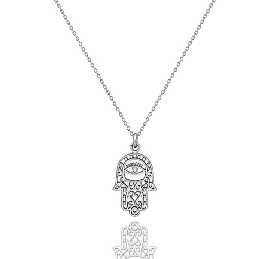 Silver Hamsa hand pendant necklace on a white background