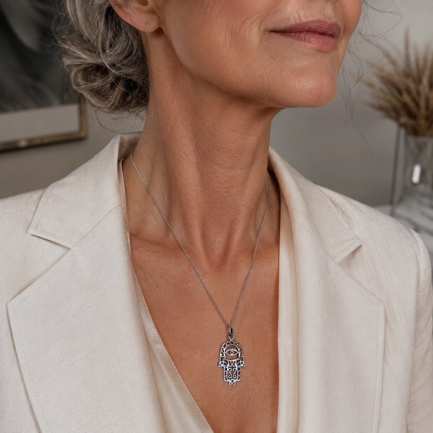 Hamsa Evil Eye Necklace in Sterling Silver