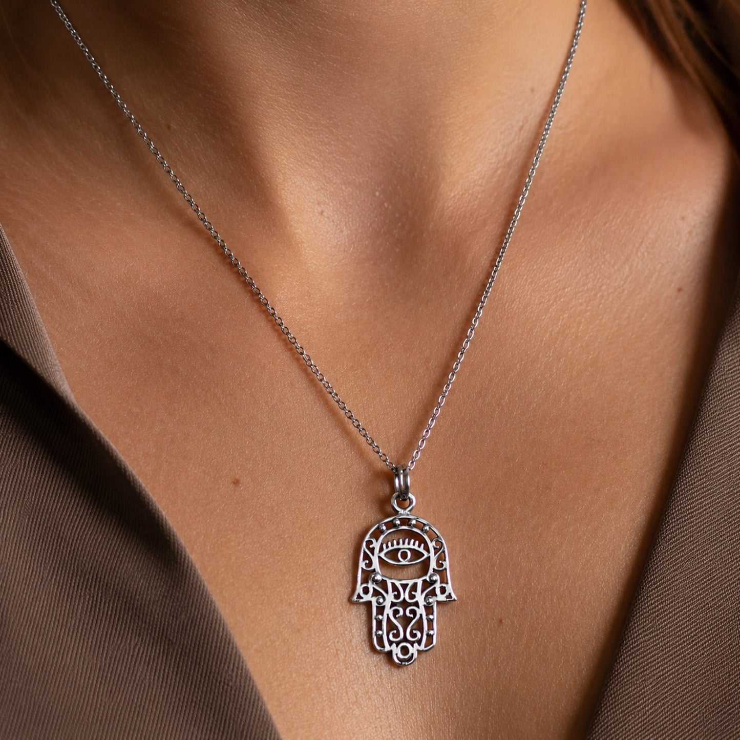 Hamsa Evil Eye Necklace in Sterling Silver